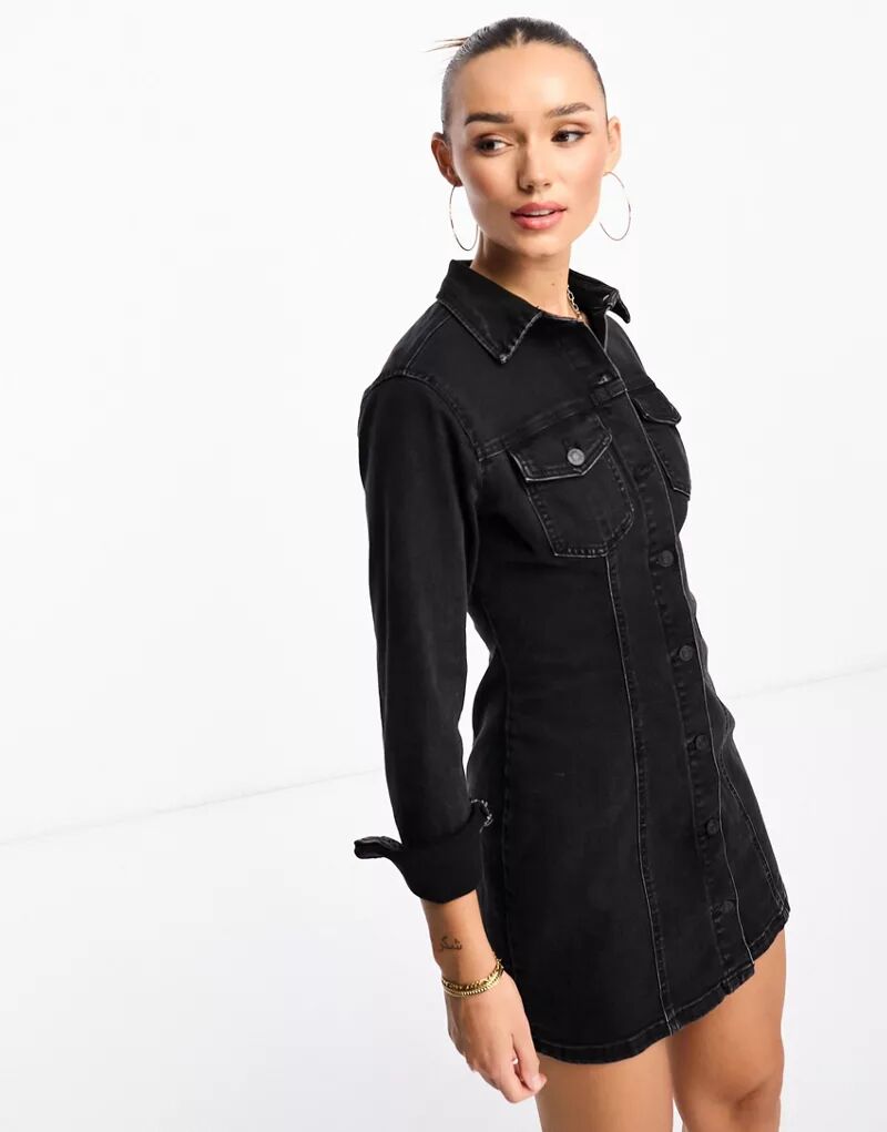 Приталенное платье-рубашка черного цвета из денима ASOS