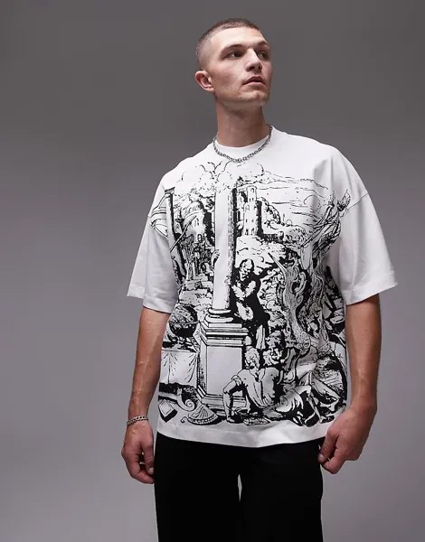Topman Premium – плотная футболка oversize цвета экрю со средневековым принтом спереди и сзади