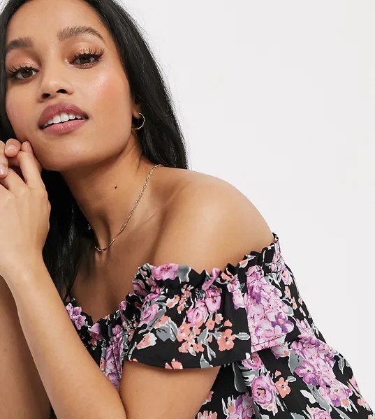 Топ со спущенными плечами и цветочным принтом Fashion Union Petite-Черный цвет