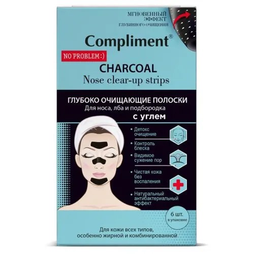 Compliment Глубоко очищающие полоски для носа, лба и подбородка с углем No problem, 6 шт.