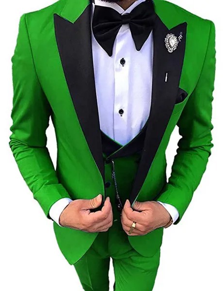 Новый стиль, мужские костюмы, зеленые смокинги для жениха, пиковые черные с лацканами, мужской комплект из 3 предметов (пиджак + брюки + жилет +...