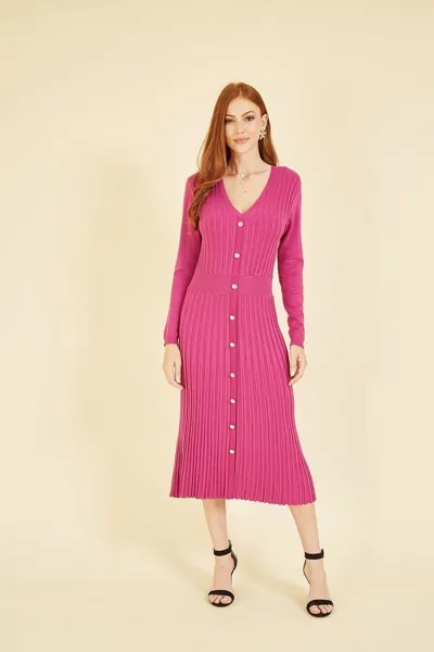 Розовое вязаное платье-рубашка на пуговицах Yumi, розовый