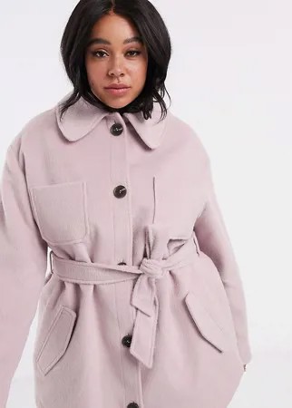 Розовое пальто с поясом ASOS DESIGN Curve-Розовый