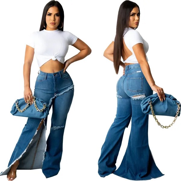 Пикантные Лоскутные рваные узкие джинсы для женщин, джинсовые брюки с высокой талией, винтажные элегантные брюки, женские расклешенные брю...