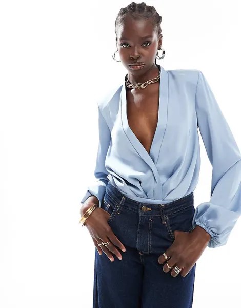 ASOS DESIGN – Синее боди с подплечниками и глубоким вырезом