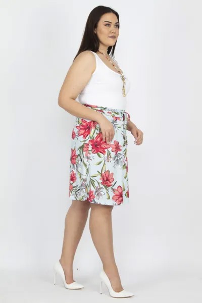 Женская бирюзовая юбка большого размера с эластичным поясом сзади, карманом и кружевной деталью 65n18756 Şans, бирюзовый