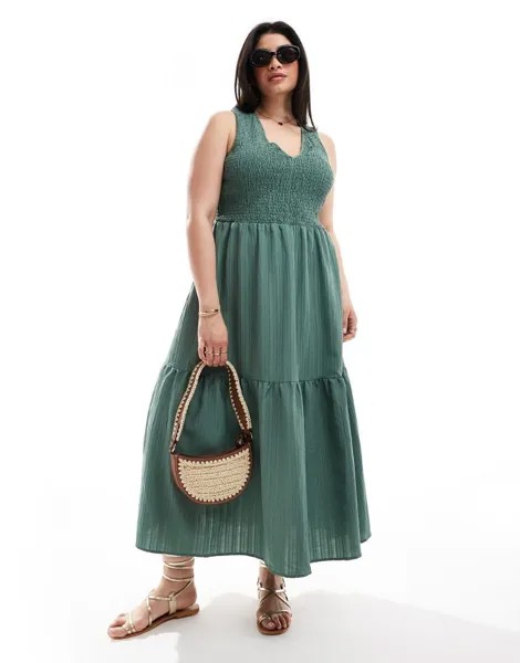 Сарафан миди с жатым узором и многоярусной юбкой цвета хаки ASOS DESIGN Curve Curve
