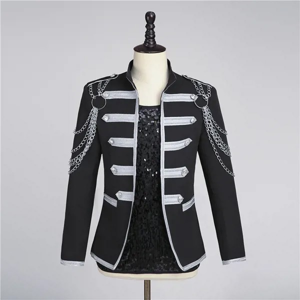 S-4XL Мужская рубашка поло, чёрно-серебристый блейзер с цепочкой и стоячим воротником тонкий певец сценические костюмы для сцены модная бар М...