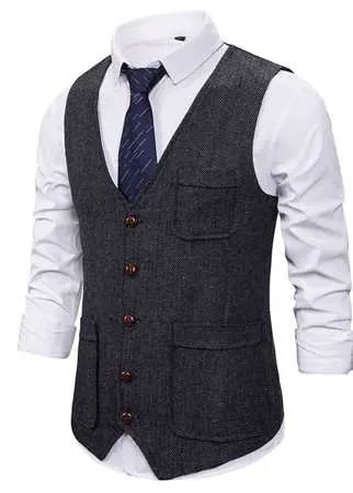 Мужской Жилет-пиджак на пуговицах карманом без блузки