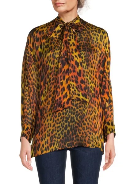 Шелковая блузка Animale с леопардовым принтом Roberto Cavalli, цвет Orange Multi