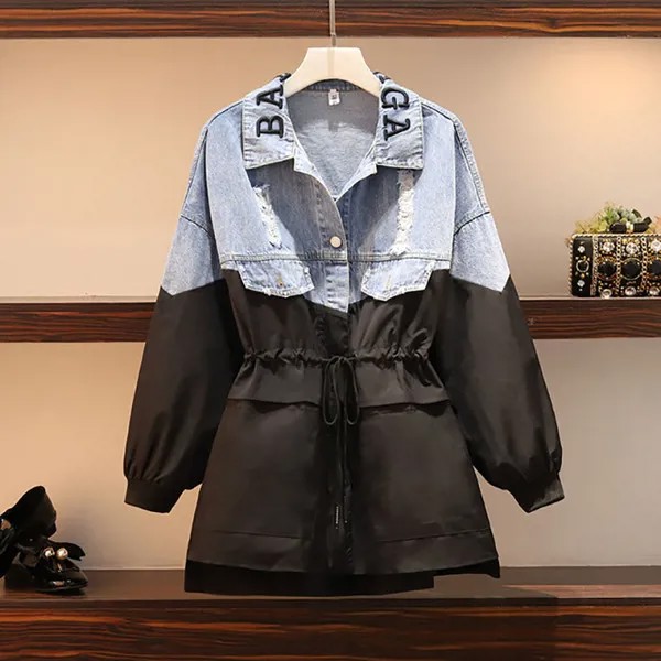 Джинсовая куртка в стиле пэчворк с надписью, с дырками, женские джинсы на молнии, популярная Повседневная ветровка, Свободное пальто на шнуровке, большая Милая популярная куртка