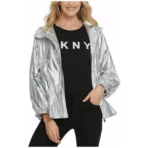 Ветровка DKNY S серебристая из нейлона на молнии с капюшоном
