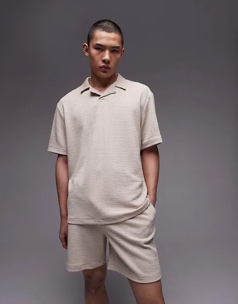 Рубашка-поло оверсайз Topman каменно-бежевого цвета с воротником с лацканами и плиссированной жатой текстурой