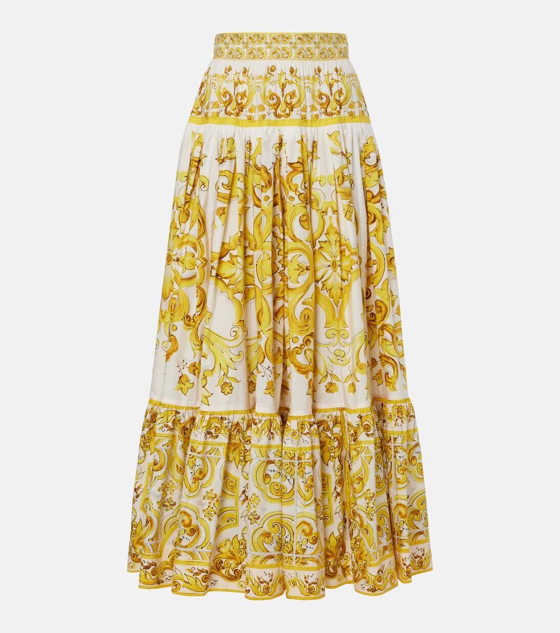 Юбка макси из хлопкового поплина майолика Dolce&Gabbana, цвет mix maiolica giallo
