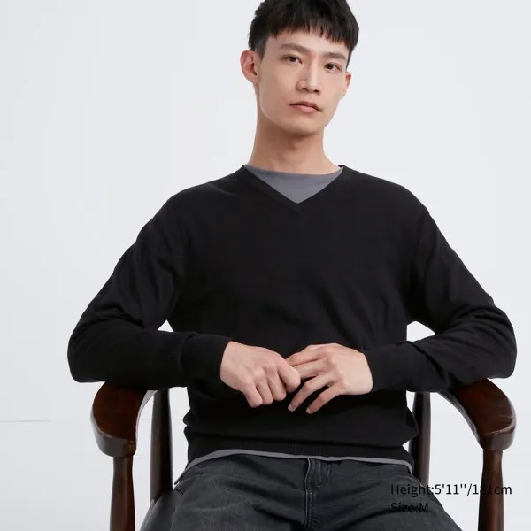 Джемпер из 100% очень тонкой шерсти мериноса с V-образным вырезом Uniqlo, черный