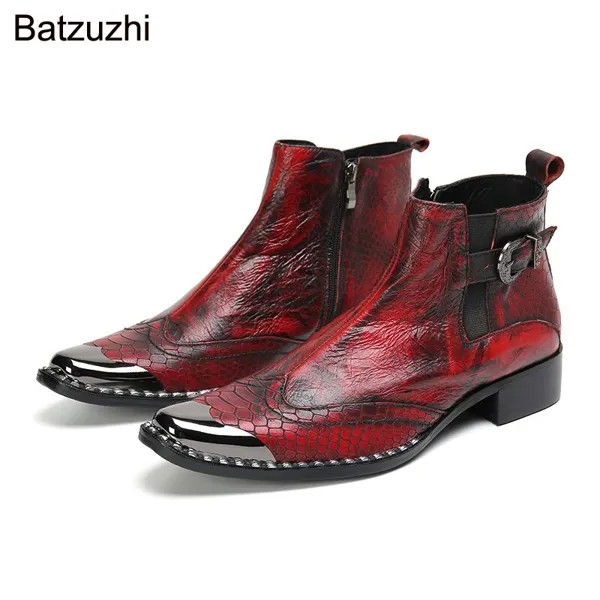 Ботинки Batzuzhi мужские в итальянском стиле, серебристые ботильоны из натуральной кожи с металлической головкой, ручная работа, красные ботин...