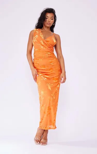 PrettyLittleThing Оранжевое платье мидакси с разрезом и запахом Devore с драпировкой и цветочным принтом