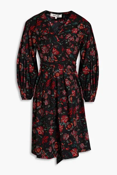Платье мини с запахом и плиссированным хлопковым поплиновым принтом Barbe Diane Von Furstenberg, черный