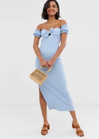 Жатый сарафан макси с открытыми плечами и пышными рукавами ASOS DESIGN-Синий
