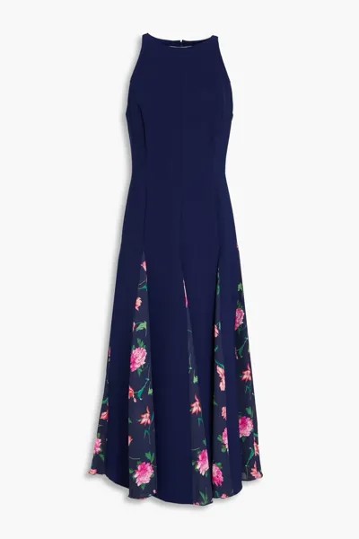 Плиссированная юбка миди из крепа с цветочным принтом и вставками из жоржета Carolina Herrera, темно-синий