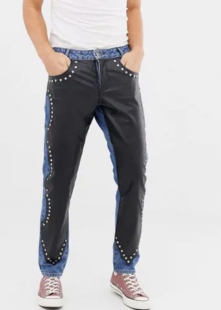Узкие синие джинсы с кожаными вставками ASOS DESIGN-Голубой