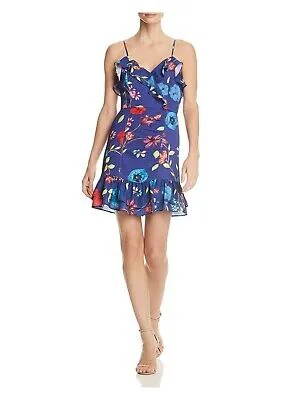 PARKER Женское синее коктейльное платье до колена с рюшами и цветочным принтом 2