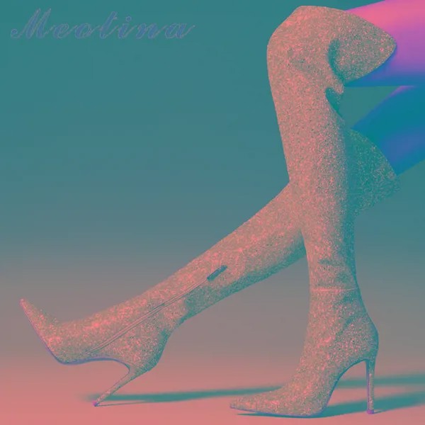 Женские ботфорты на молнии Meotina, серебристые/золотистые высокие сапоги до бедра, на тонком высоком каблуке, с острым носком, Осень-зима
