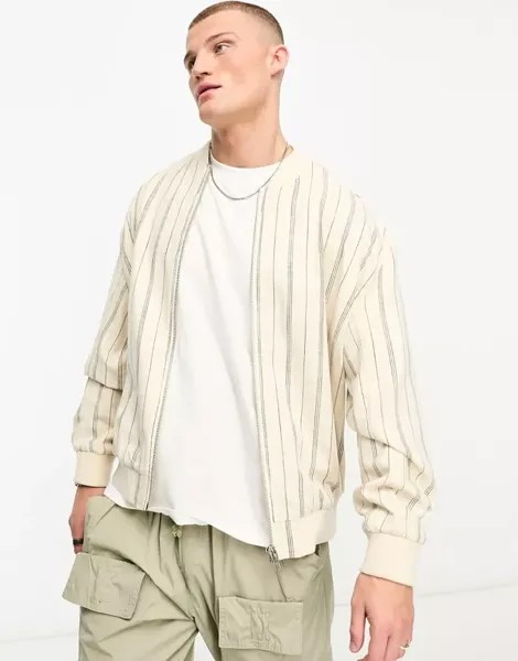 Летний бомбер оверсайз льняного цвета с темно-синими полосками ASOS