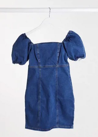 Синее джинсовое платье мини с объемными рукавами New Look-Голубой