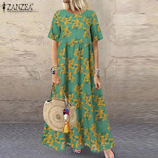 ZANZEA Винтаж Цветочный принт Летний Повседневный O-образный вырез Короткий рукав Свободный Длинное платье