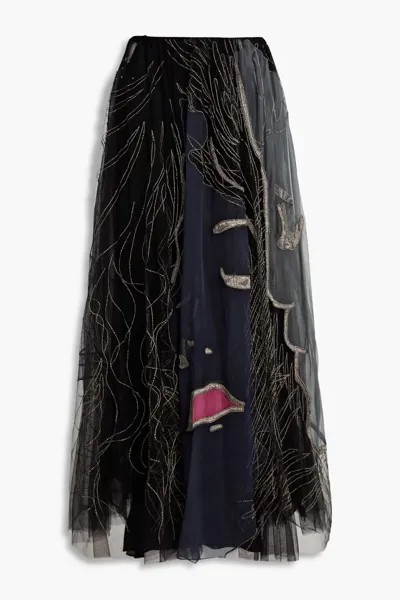 Юбка макси из тюля и органзы со сборками и декором. Valentino Garavani, темно-синий