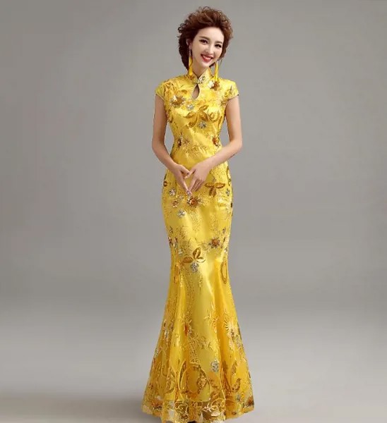 Китайское традиционное длинное платье Qipao с блестками, золотистый чонсам, женское летнее Восточное сценическое платье для ведущей