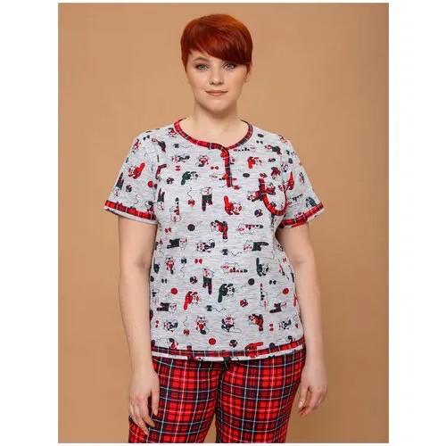Женская домашняя пижама Алтекс с футболкой и штанами в клеточку красная, размер 48