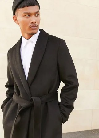 Черное пальто из смесовой шерсти с поясом ASOS DESIGN-Черный