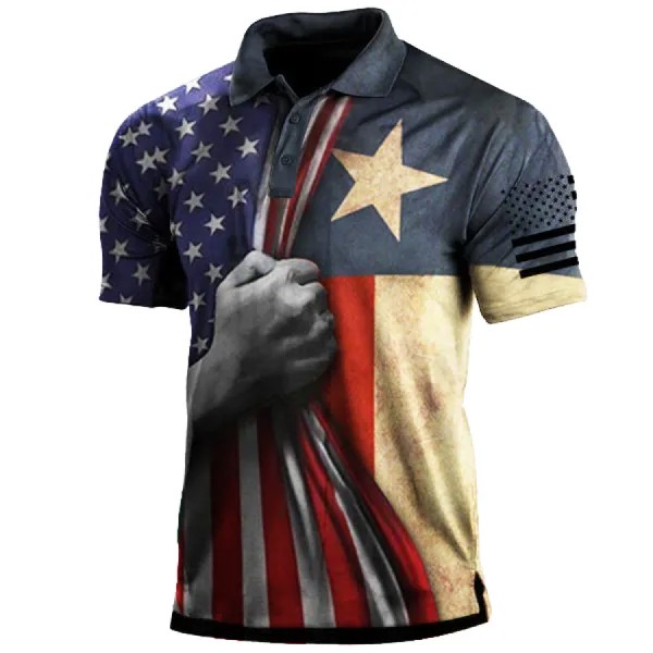 Винтажная мужская спортивная футболка с коротким рукавом и воротником-поло с принтом американского флага