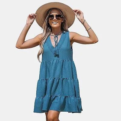 Женское кружевное мини-платье с кисточками и завязками — Cupshe-M-Blue