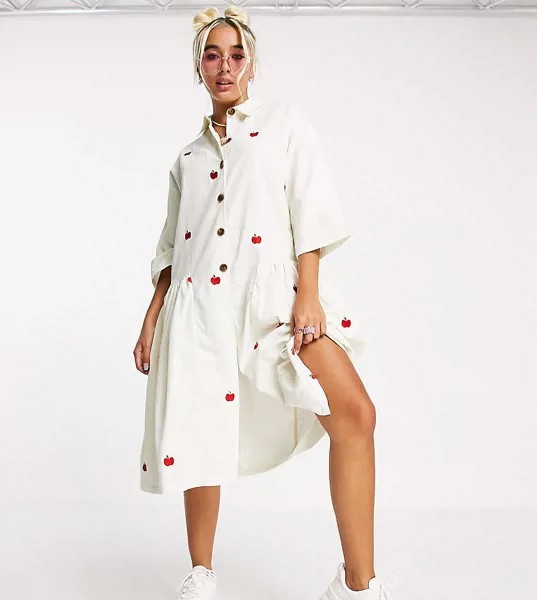 Oversized-платье с присборенной юбкой миди из вельвета в рубчик с вышивкой яблок Native Youth-Белый