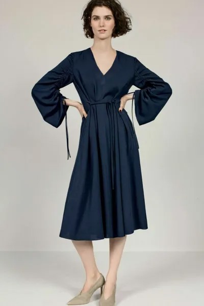 TIBI Темно-синее платье из эластичного крепа со складками и рукавами-колокольчиками 12