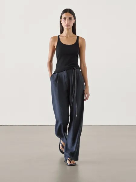 100% льняные брюки-стрейч широкого кроя Massimo Dutti, синий