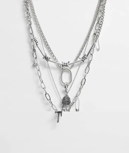Серебристое ярусное ожерелье с подвесками ASOS DESIGN-Серебряный
