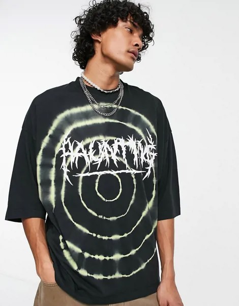 Oversized-футболка черного цвета с эффектом тай-дай и текстовым принтом ASOS DESIGN-Черный цвет