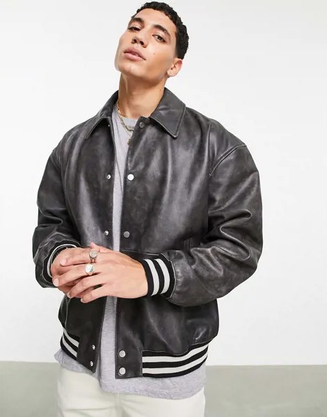Черный кожаный oversized-бомбер в университетском стиле ASOS DESIGN-Черный цвет