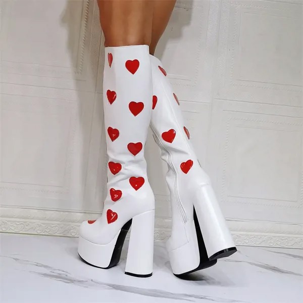 MKKHOU модные сапоги до колена женские новые красные персиковые сапоги на толстой подошве с сердечками сапоги на высоком толстом каблуке женс...