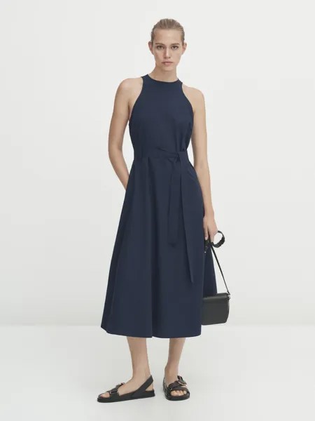 Платье Massimo Dutti Poplin Midi With Belt, темно-синий