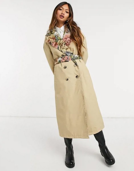 Тренч свободного кроя с поясом и контрастной отделкой с цветочным рисунком Neon Rose-Neutral