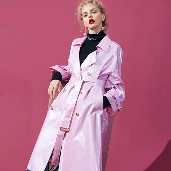 Lautaro Розовое длинное лакированное кожаное плащ для женщин с длинным рукавом двубортной оверсайз высокой модной женской одежды 2020 кожаный т...