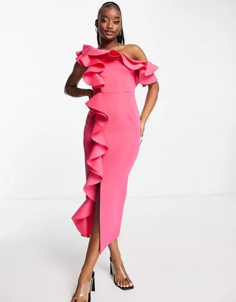 Ярко-розовое платье-футляр миди с оборками и открытыми плечами ASOS DESIGN-Розовый цвет
