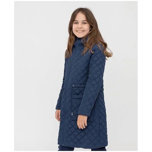 Пальто синее с капюшоном Button Blue для девочек, цвет синий, размер 134, модель 221BBGS45011000