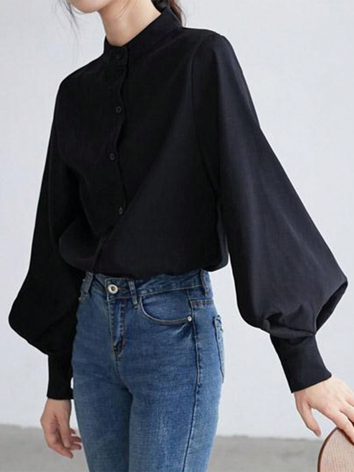 SHEIN Essnce Женская модная элегантная универсальная однотонная дорожная рубашка с воротником-стойкой, черный цвет