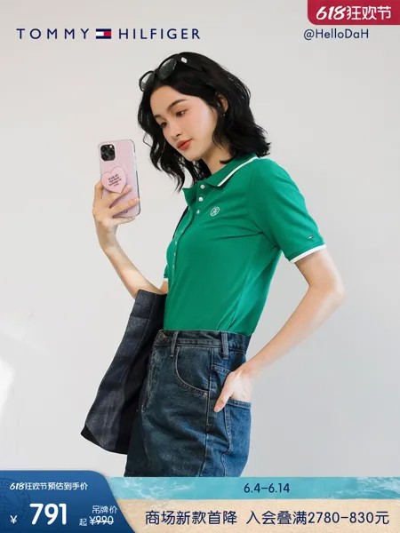 Футболка облегающая женская Tommy Hilfiger с вышивкой и короткими рукавами, темно-синий
